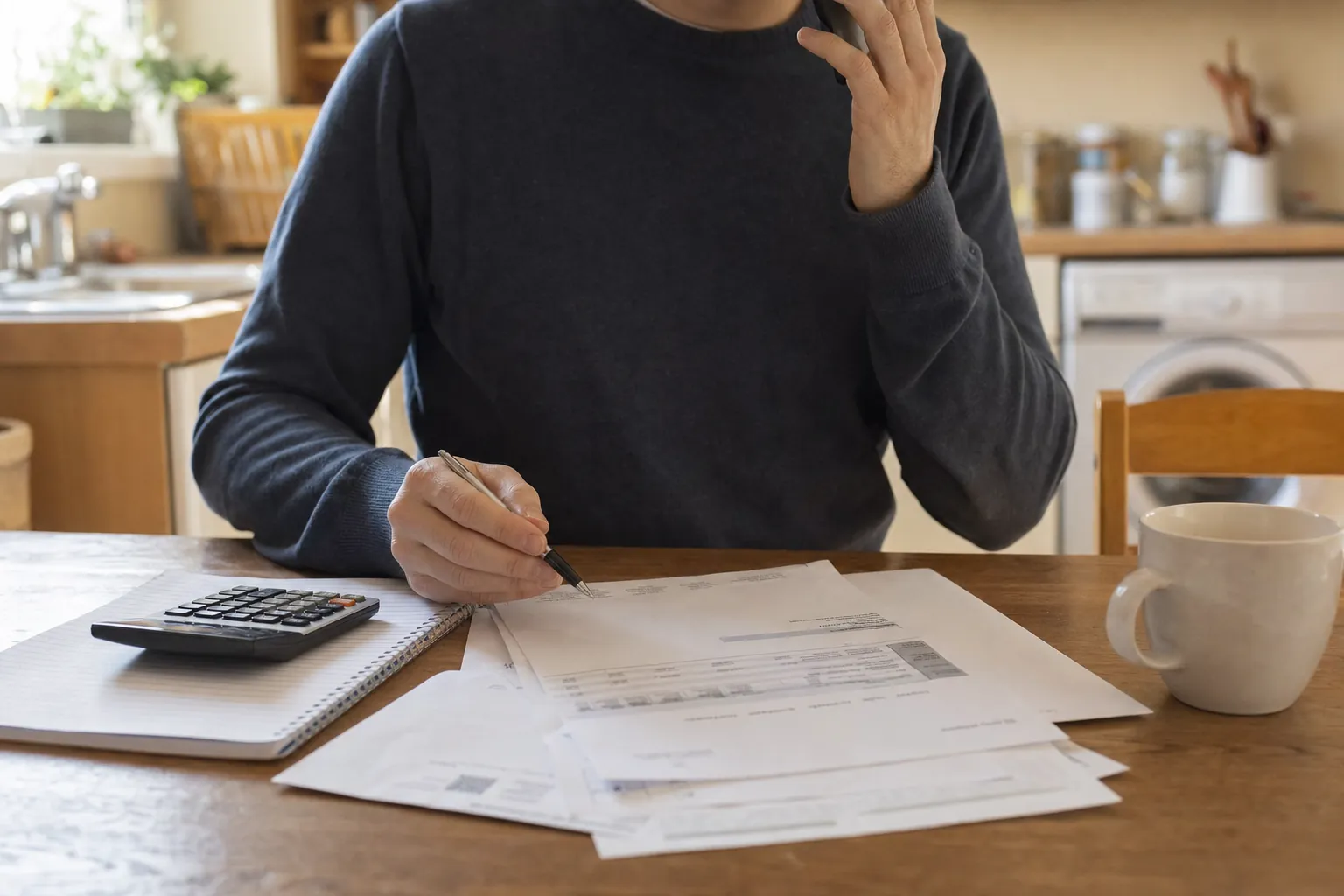 person reviewing bills on a phone beside a calculator and paperwork
