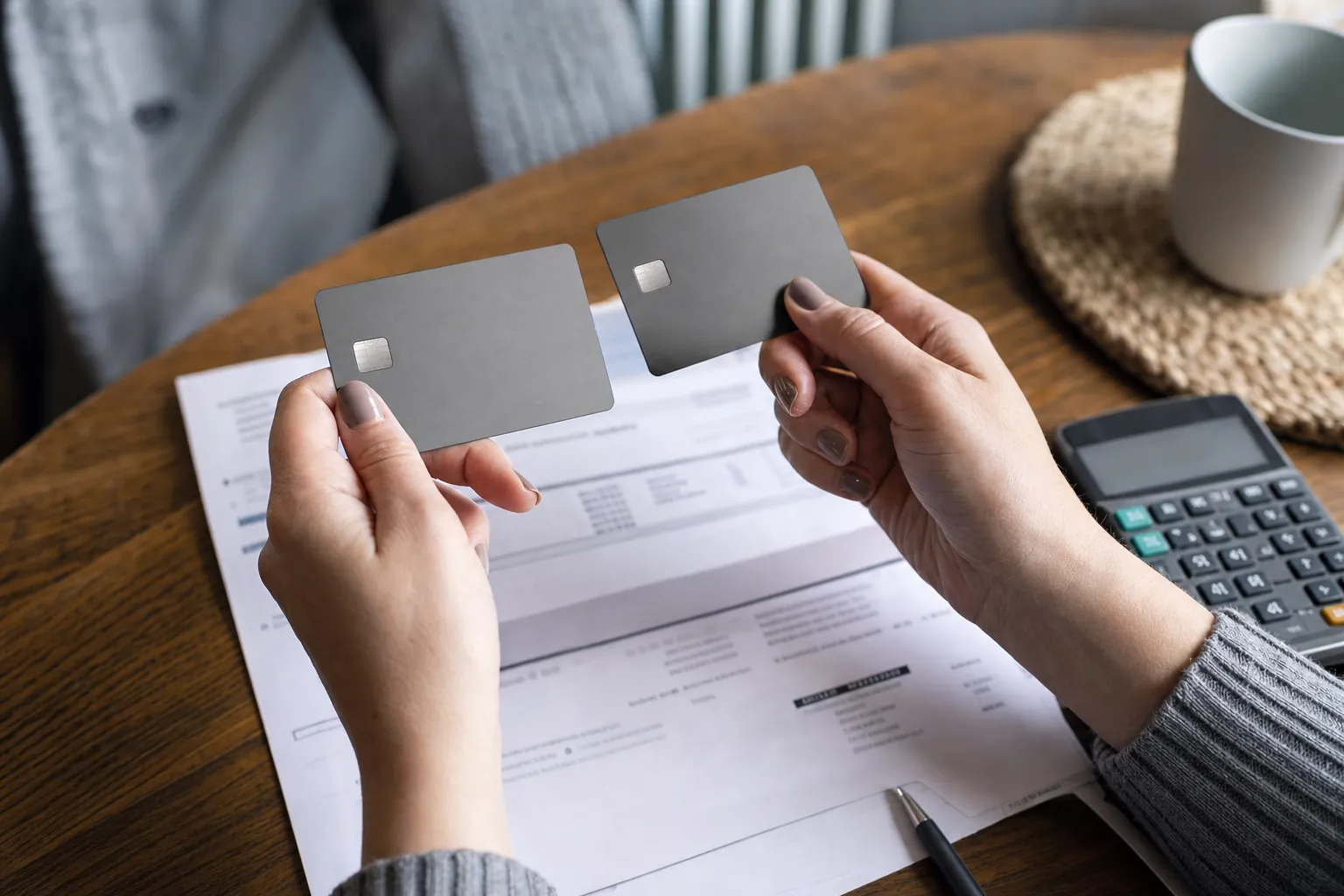 person comparing unbranded cards while reviewing a household budget