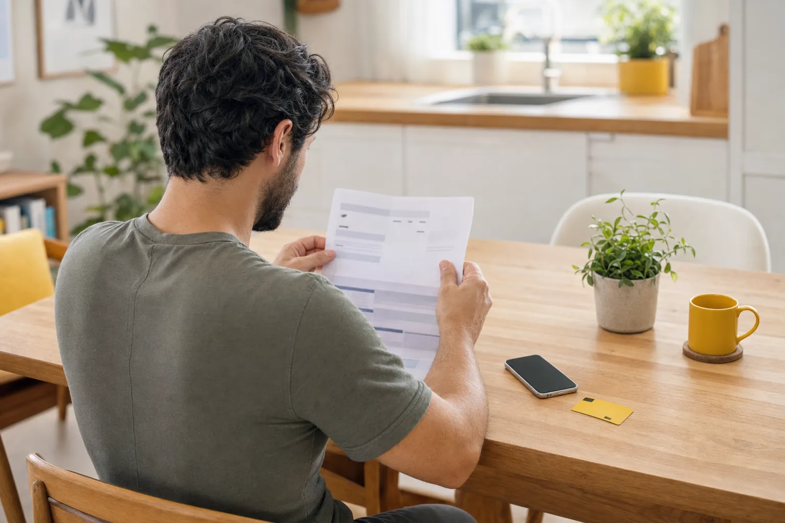 person reviewing an unbranded card statement at a kitchen table