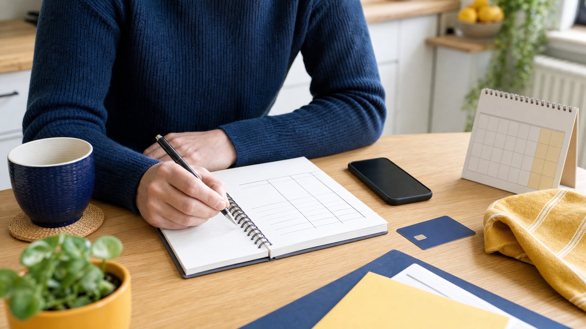 person reviewing a household budget beside a phone and calendar