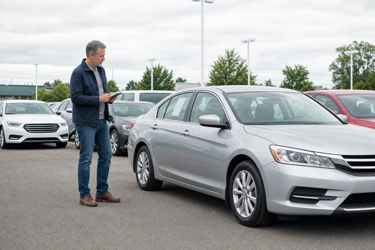 Used-car shopper comparing a sedan at a dealership lot