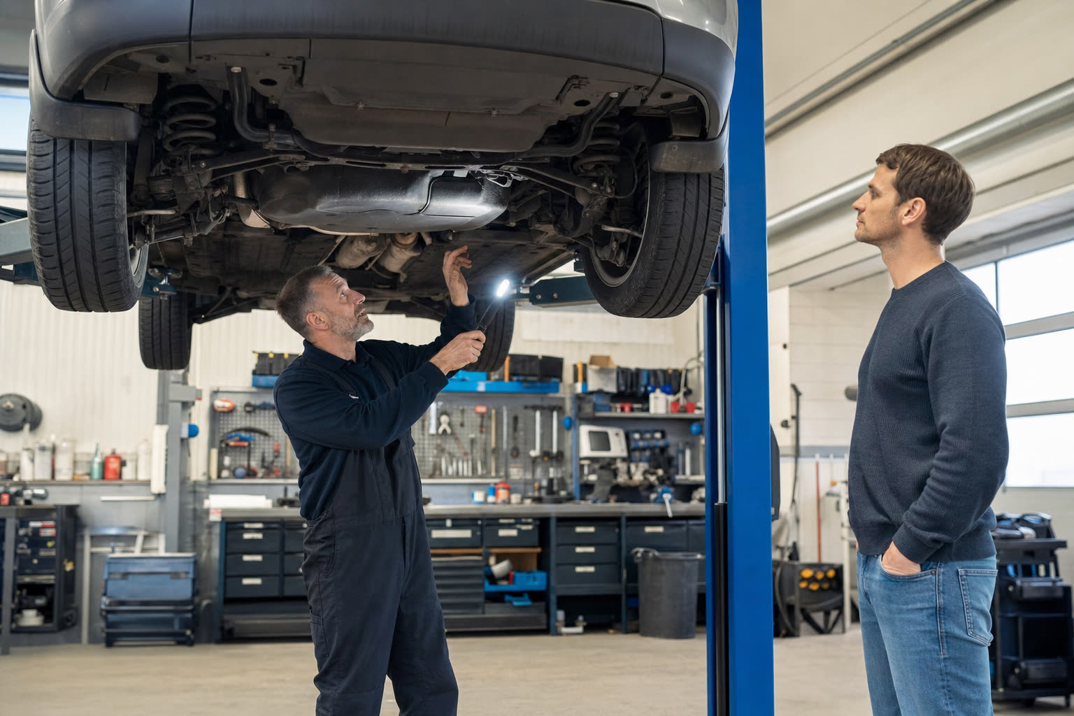 Independent mechanic inspecting a used car on a lift while a buyer watches