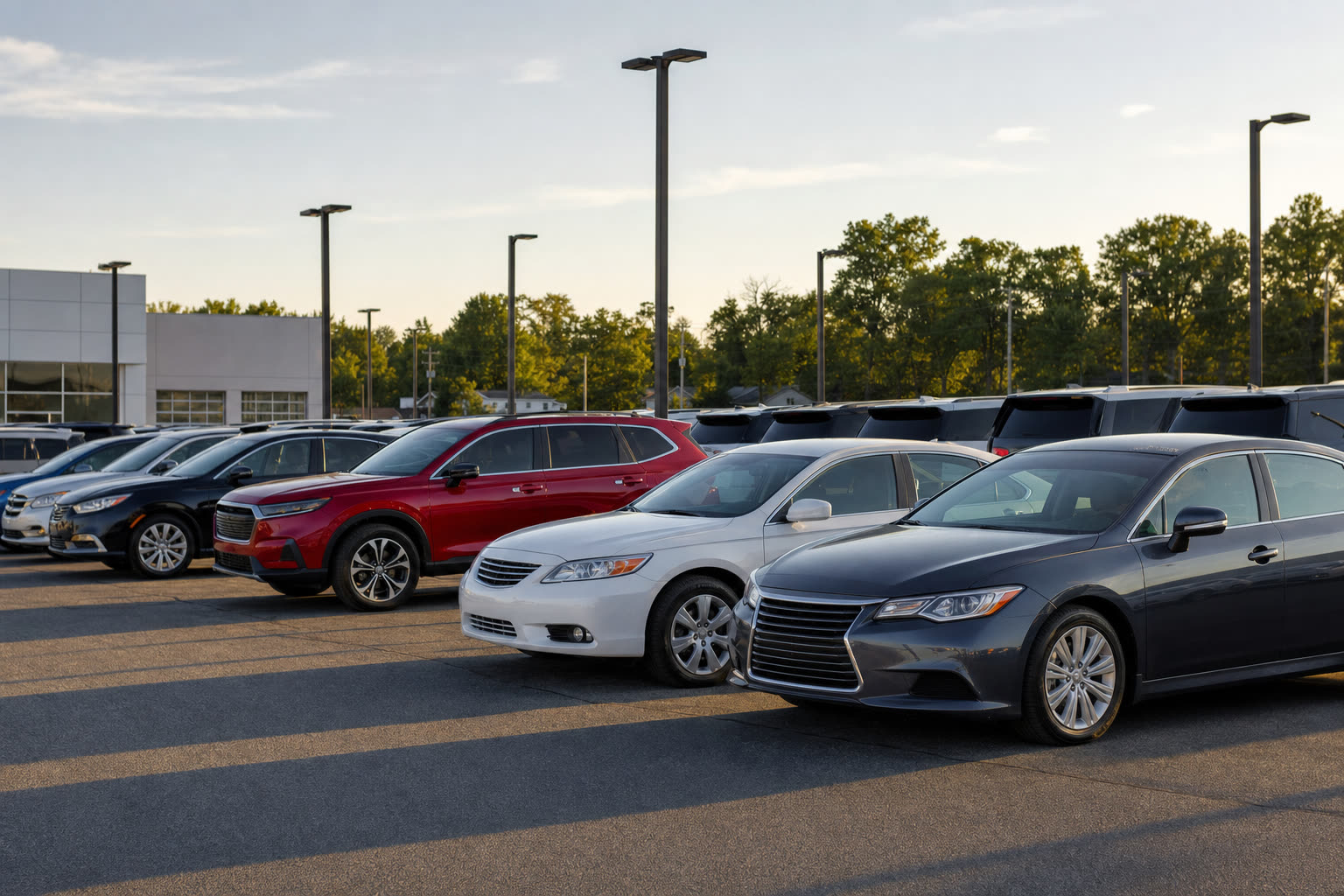Varied pre-owned sedans and SUVs parked at a dealership