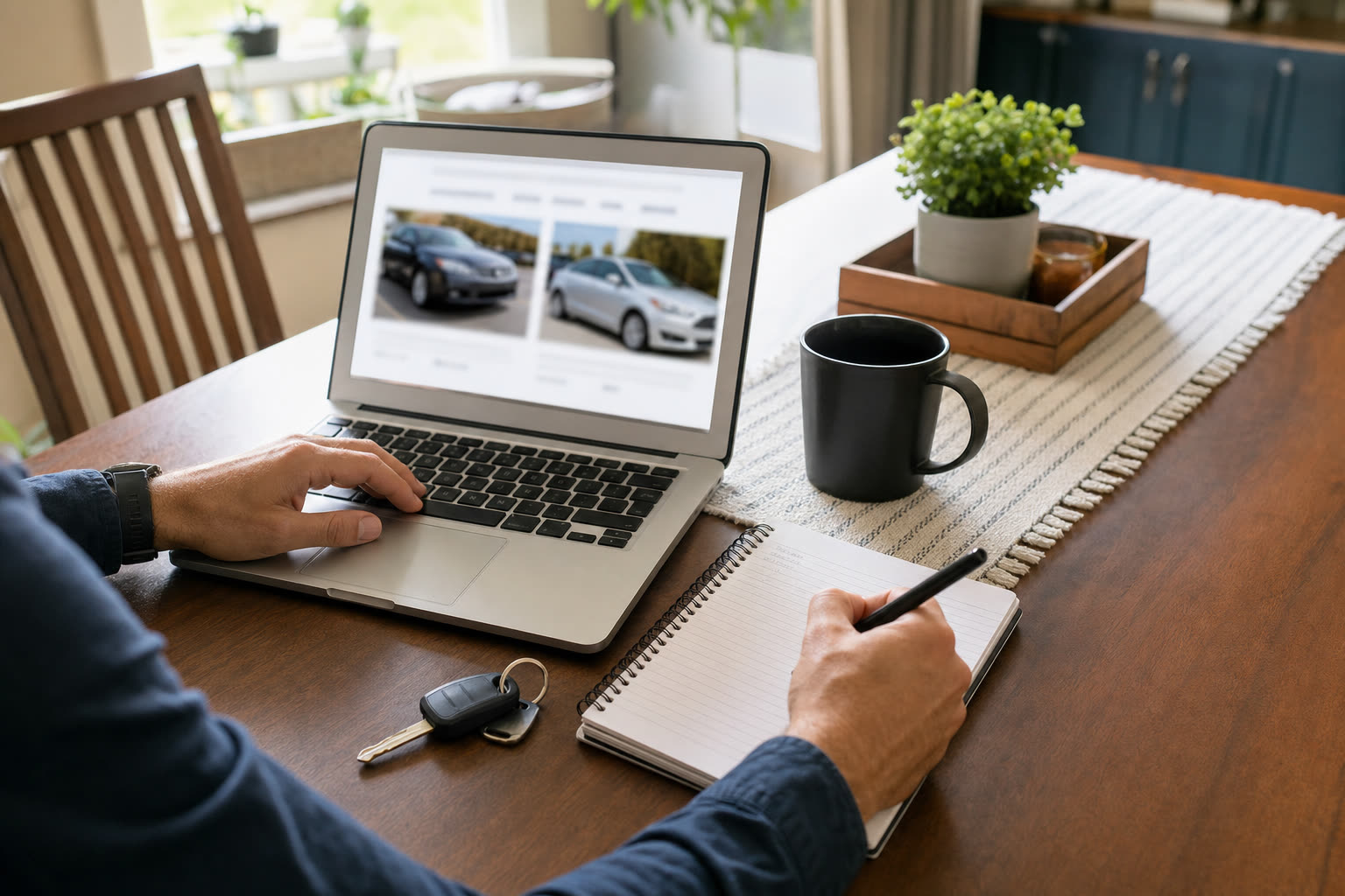 Buyer comparing used-car listings and notes at a table