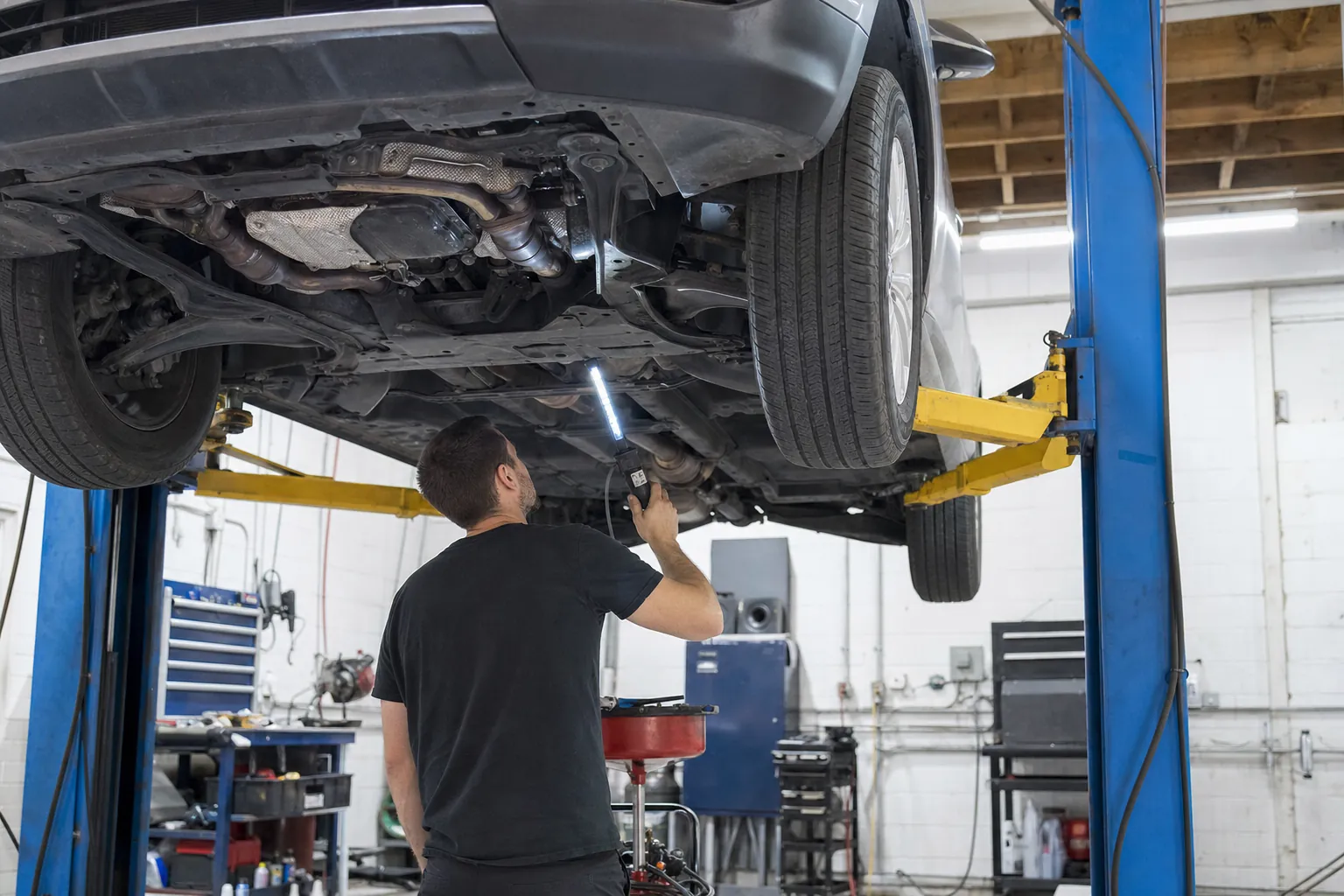 Mechanic performing an independent pre-purchase inspection under a used vehicle