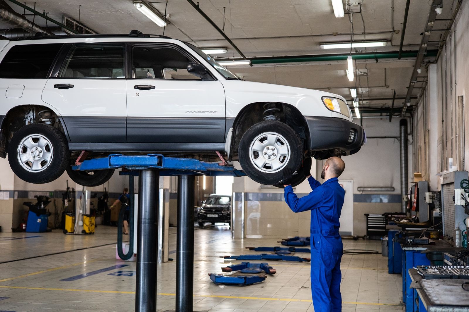 Independent mechanic inspecting a used vehicle on a lift before purchase