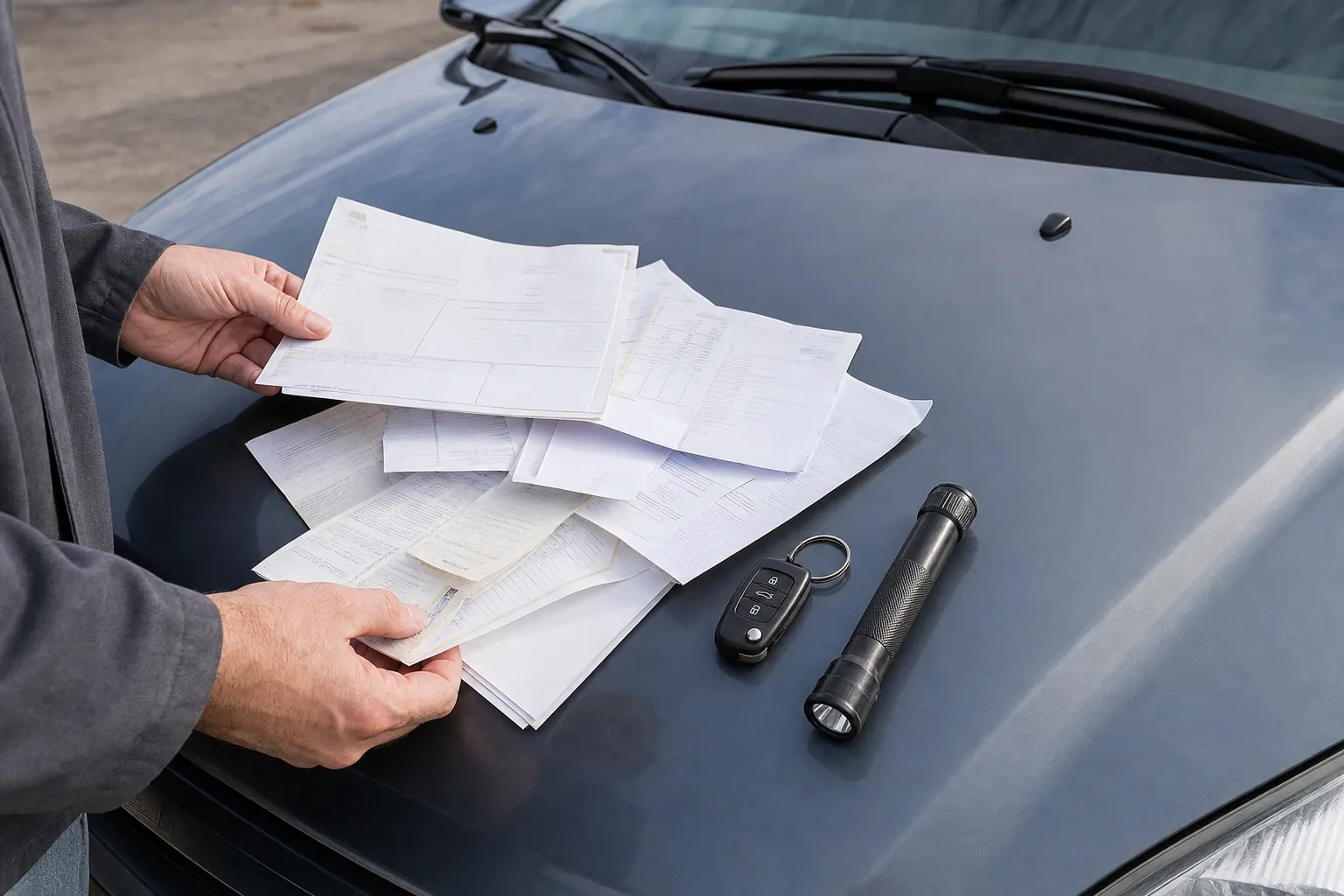Buyer reviewing used-car maintenance records on a vehicle hood