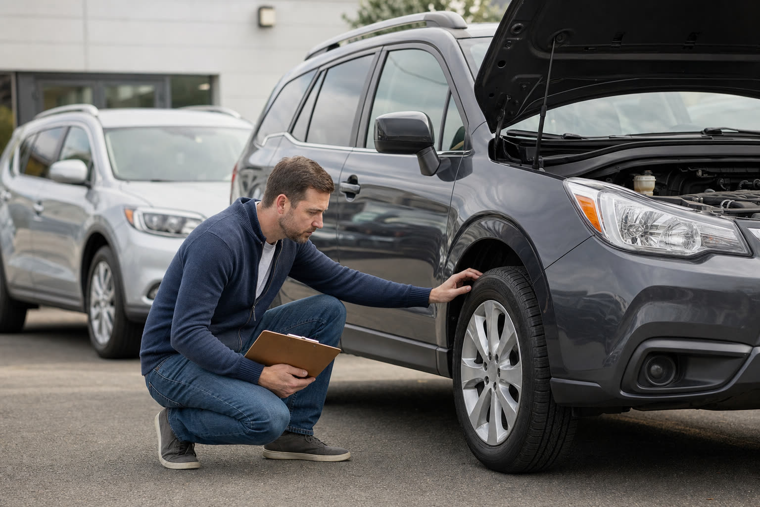 Shopper checking the tire and engine area of a used SUV