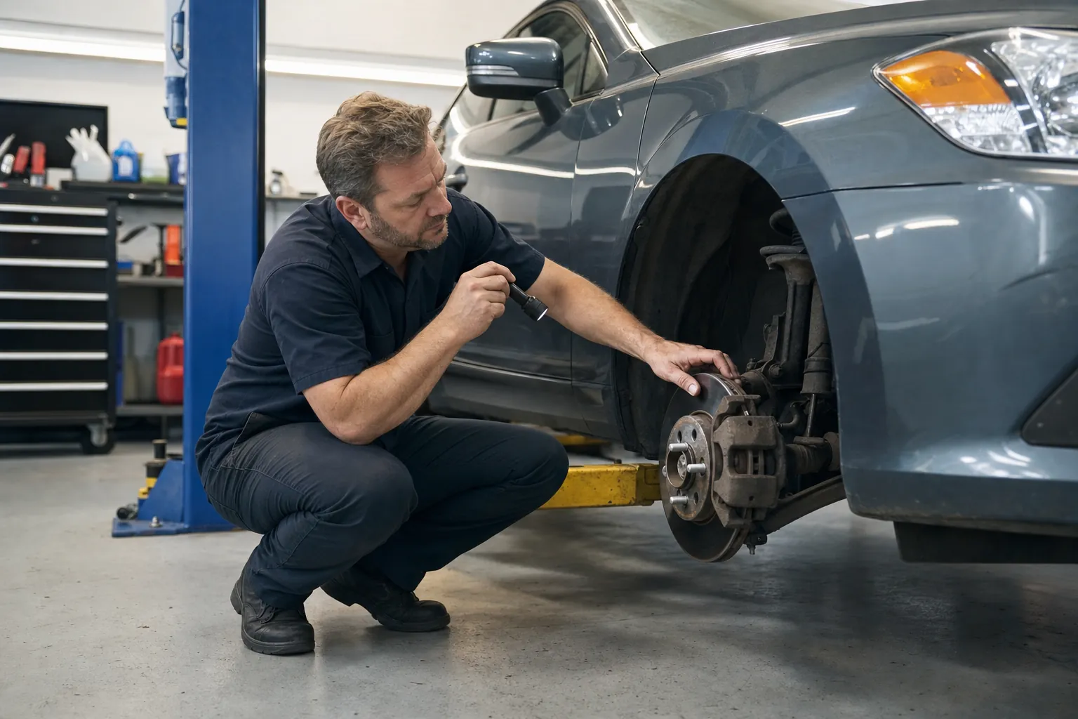 Independent mechanic examining the front brake area of a used car