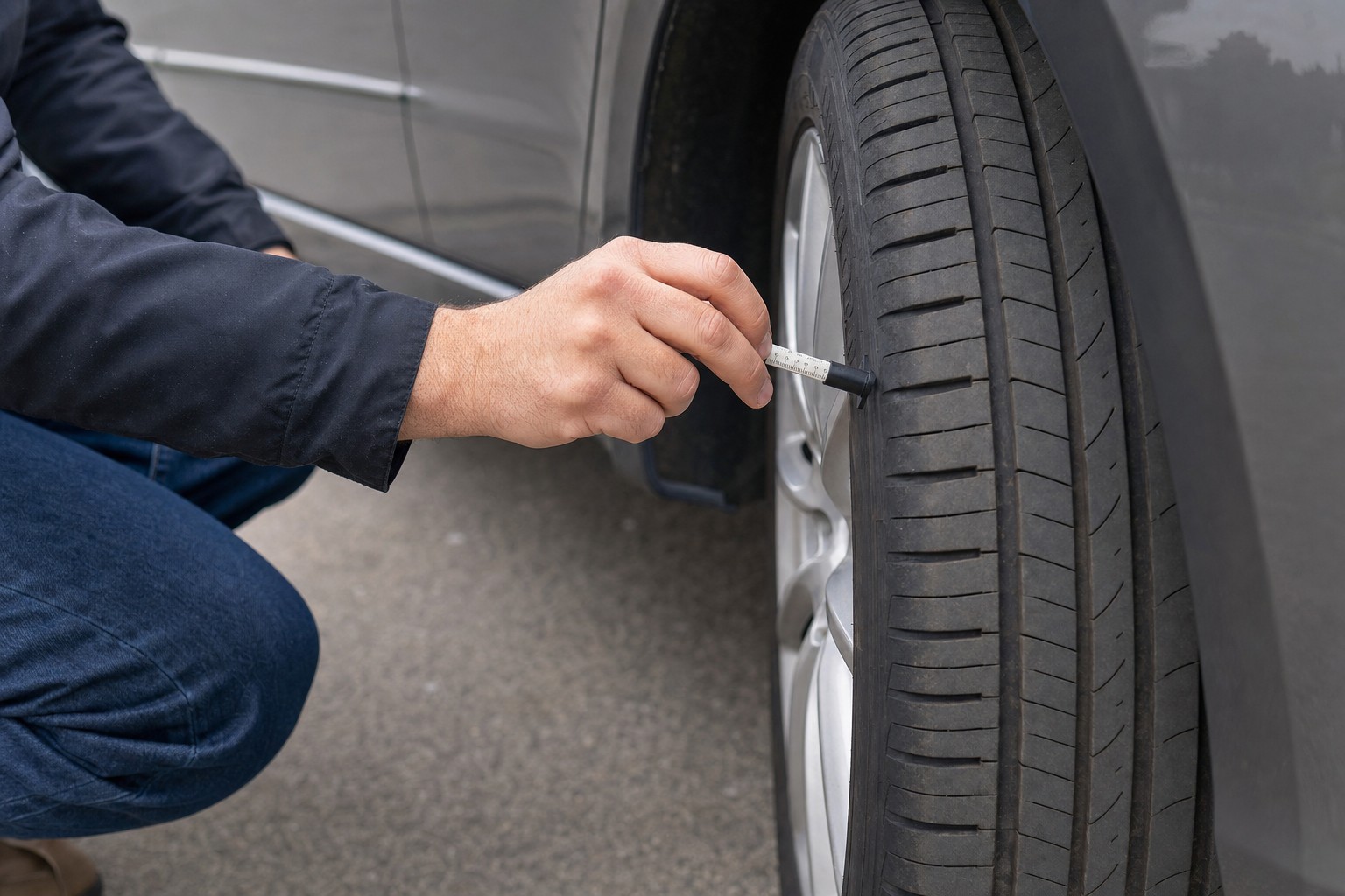 Buyer measuring tread depth on the front tire of a used car