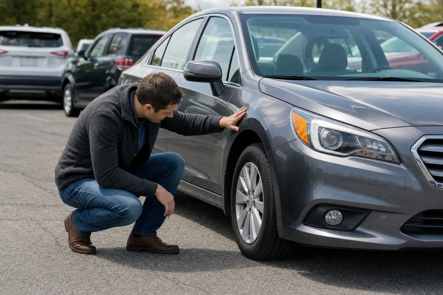 Buyer inspecting the front tire and body panel of a used sedan