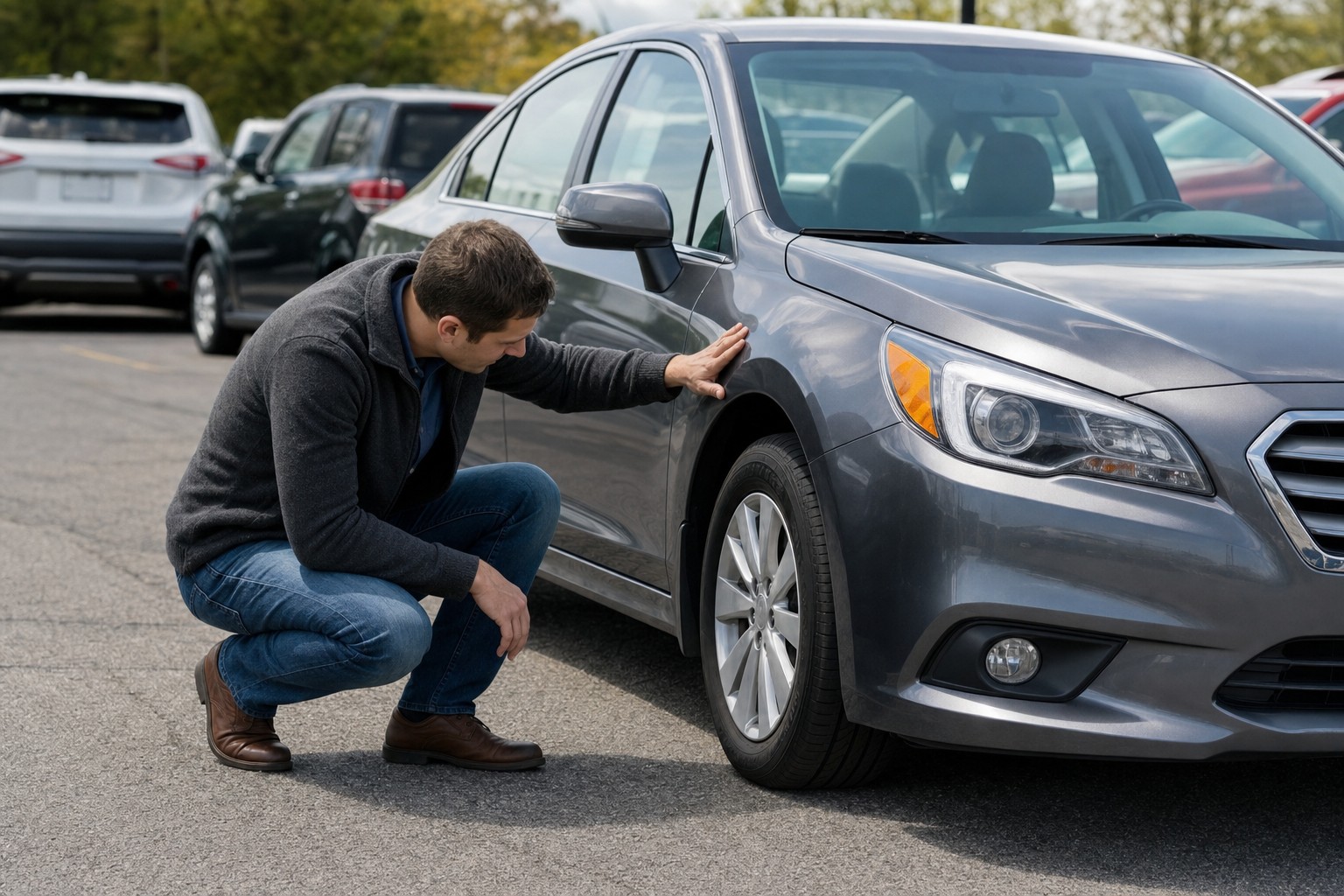 Buyer inspecting the front tire and body panel of a used sedan
