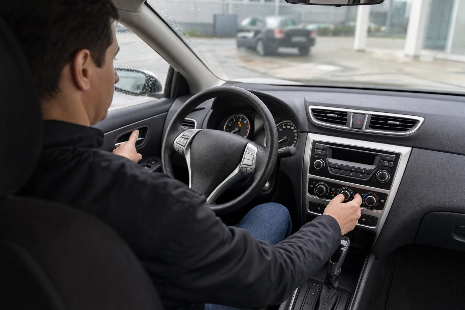 Buyer checking climate and door controls inside a used car before a test drive