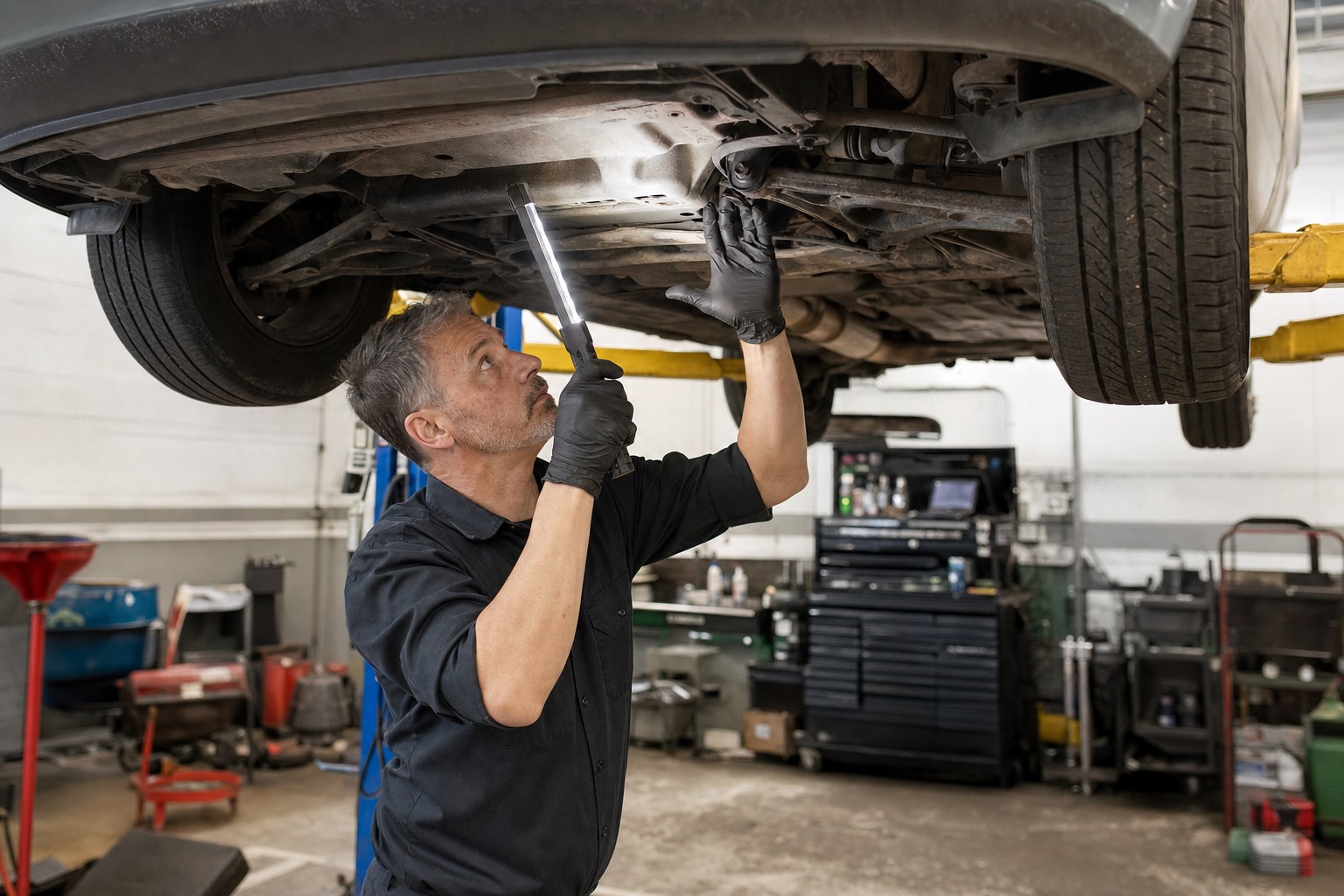 Independent mechanic inspecting the underbody of a used car on a lift