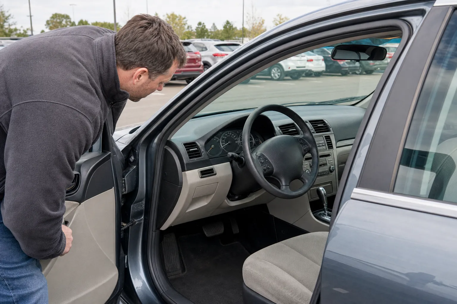 Buyer inspecting the interior and odometer of a used car