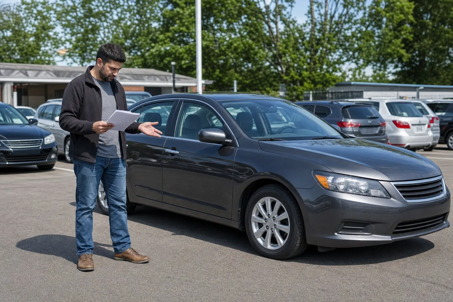 Car shopper reviewing questions beside a used sedan