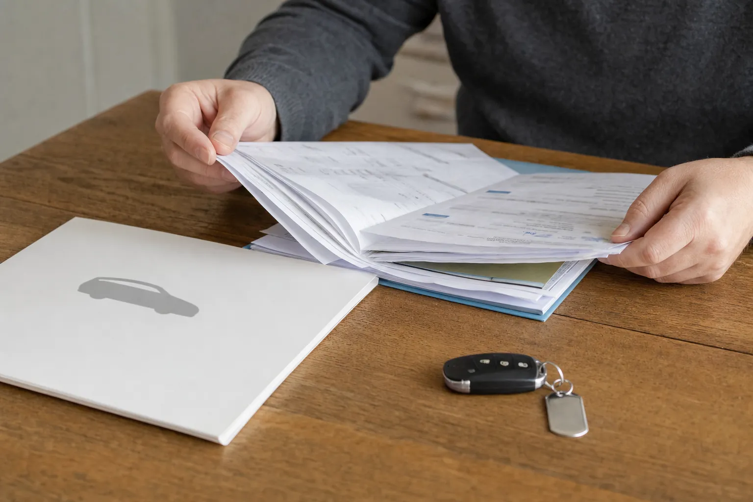 Car shopper reviewing service records and a vehicle folder