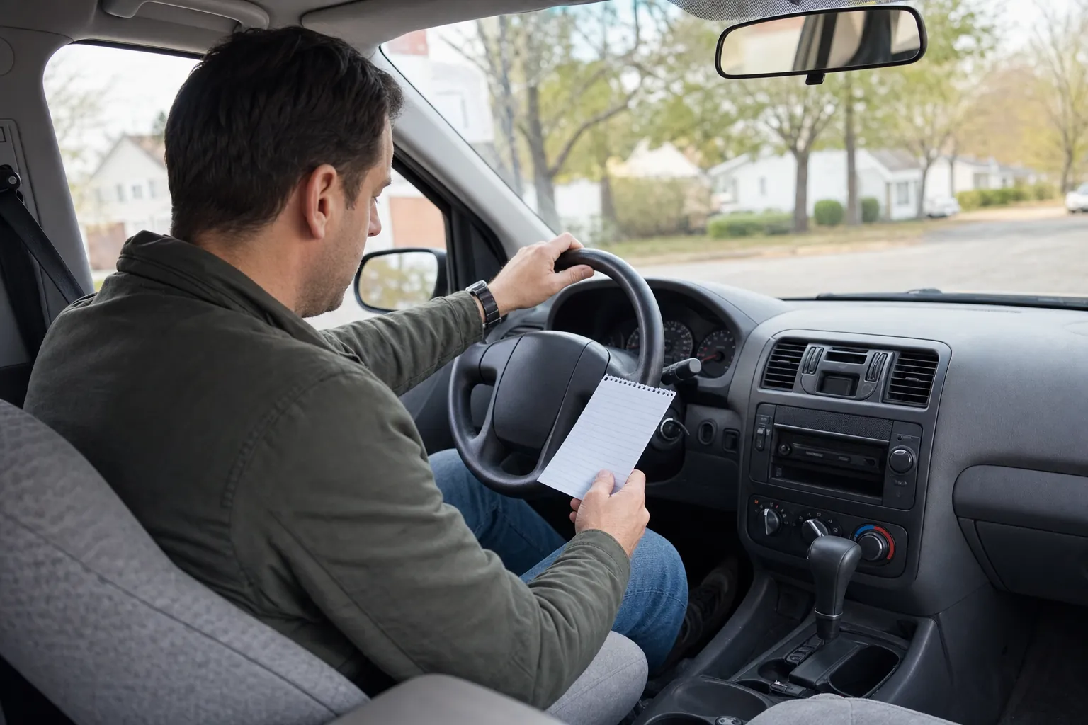 Car shopper evaluating a used vehicle during a careful test drive