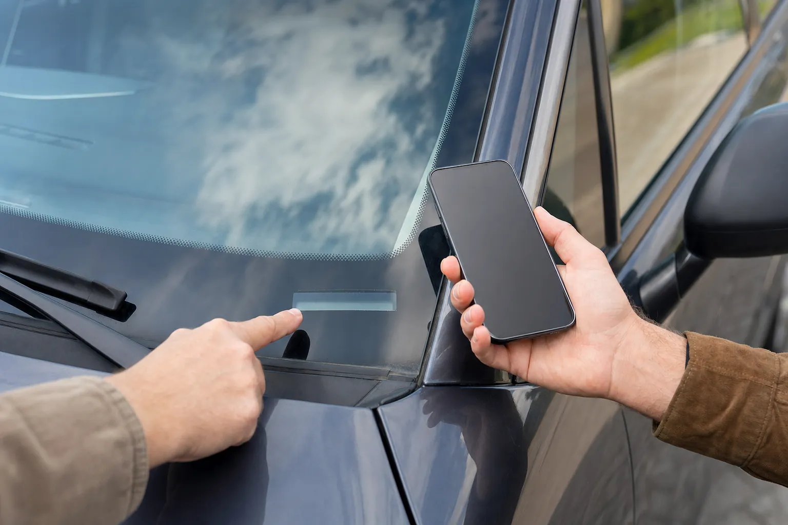 Buyer locating a used vehicle's VIN at the lower windshield before a recall lookup