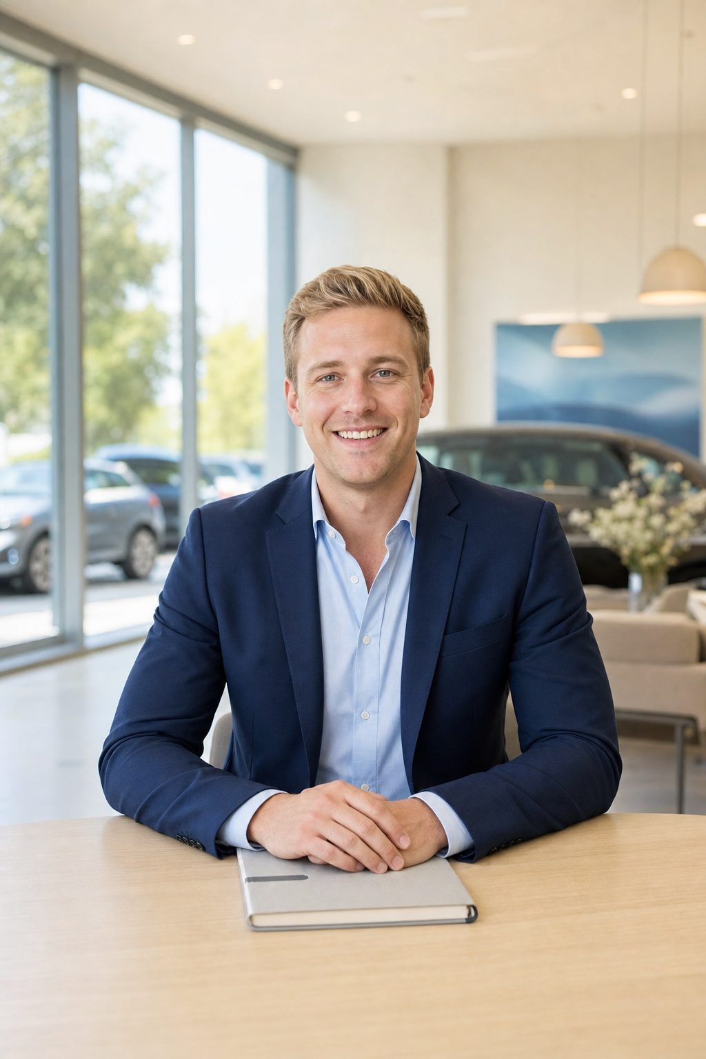 Smiling young automotive advisor in a light blue shirt and navy blazer at a bright showroom desk
