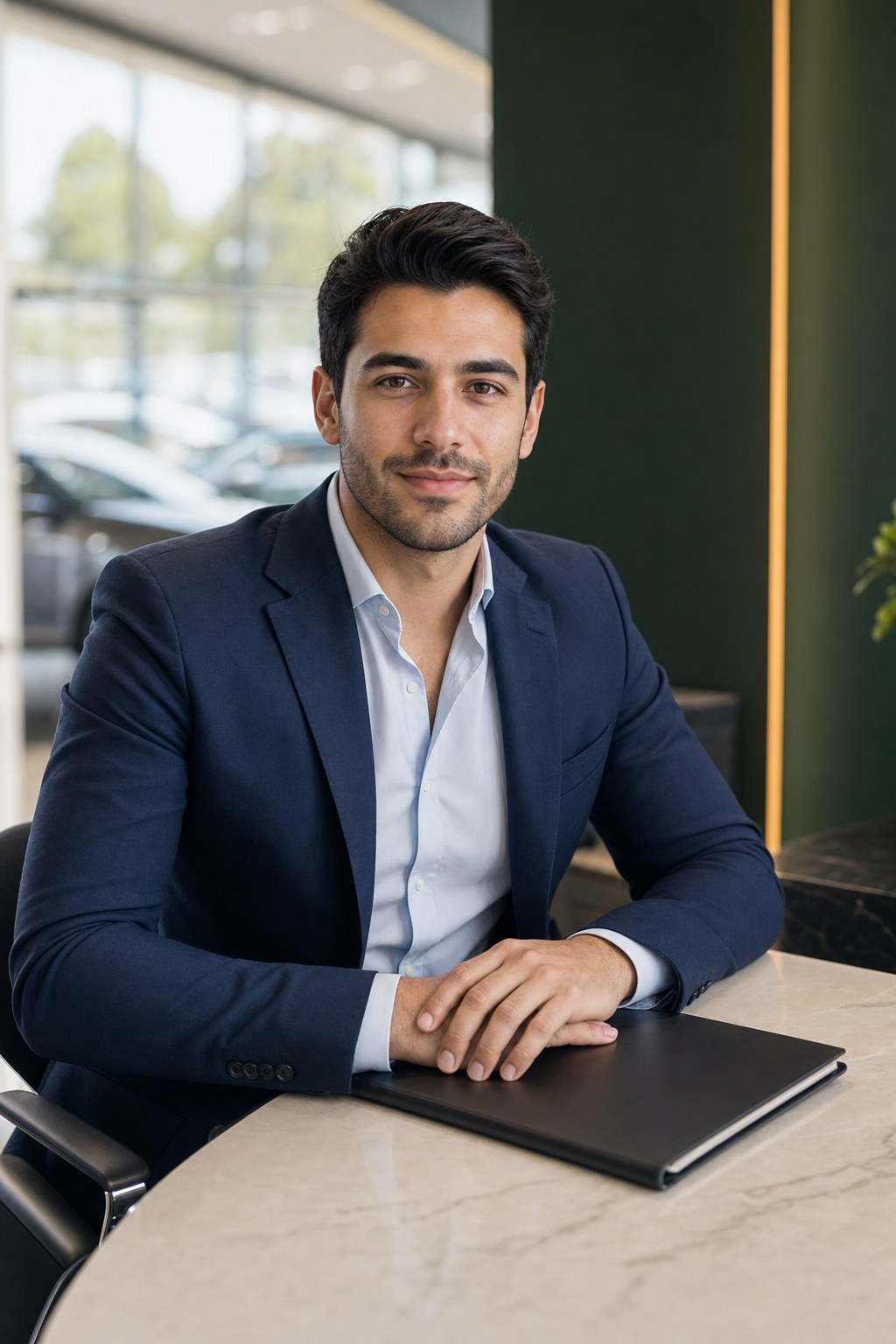 Friendly automotive advisor seated at a dealership consultation desk
