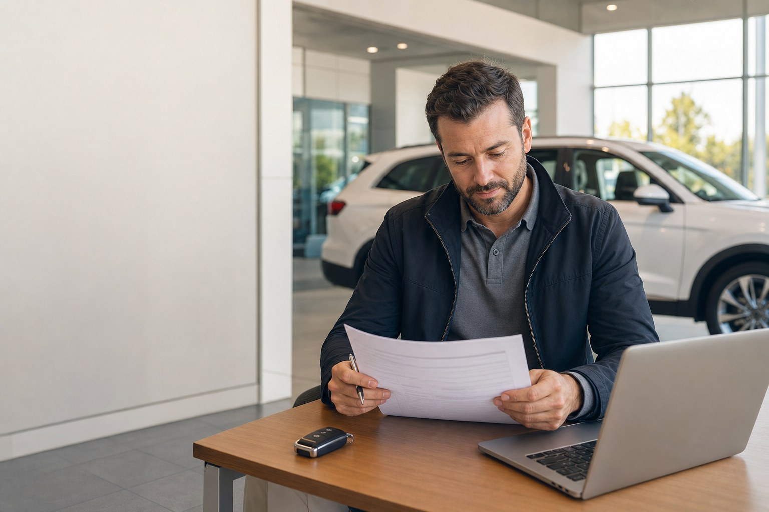 Car buyer reviewing a written new vehicle offer in a dealership showroom