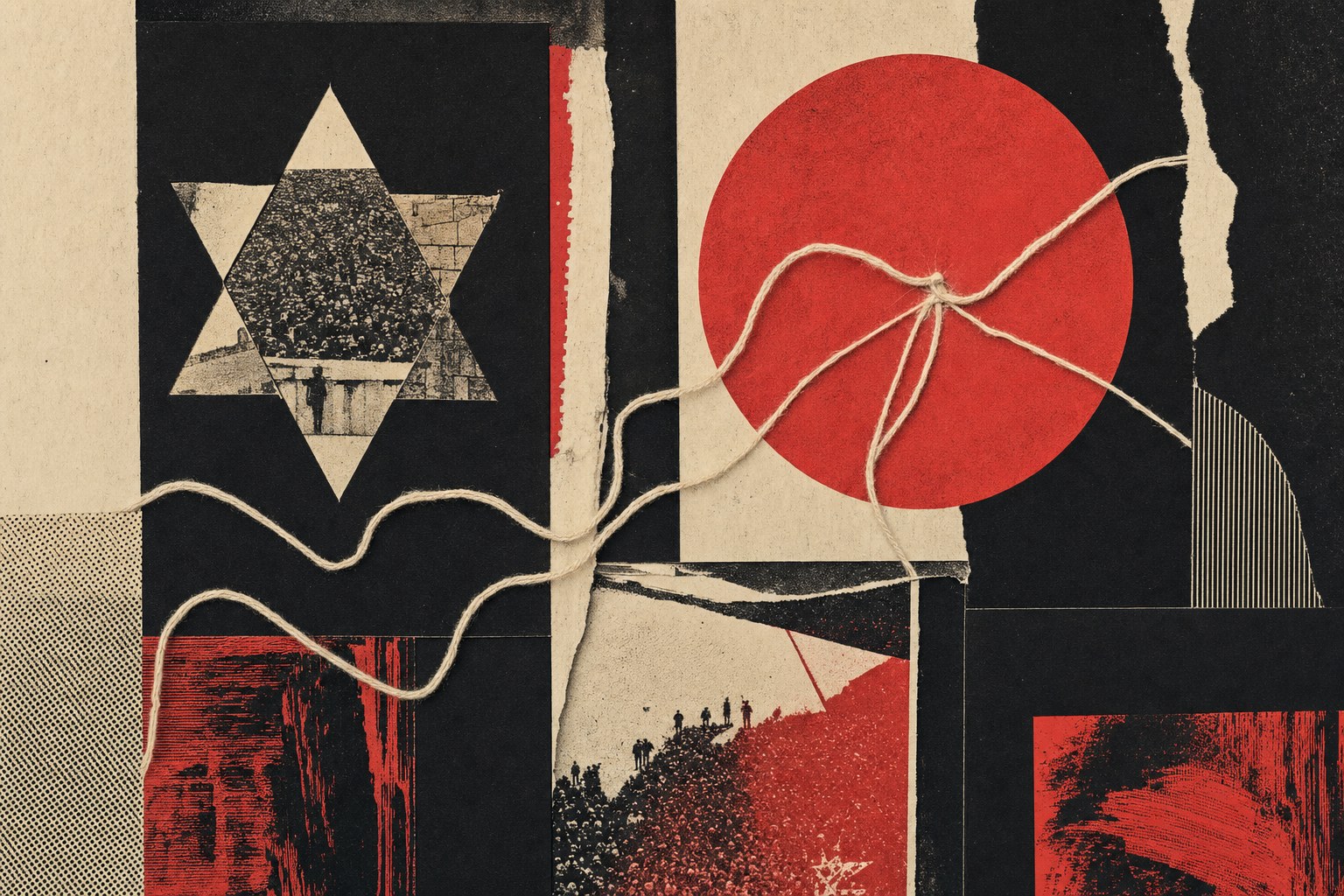 Cream thread linking a Star of David and red circle in an editorial collage