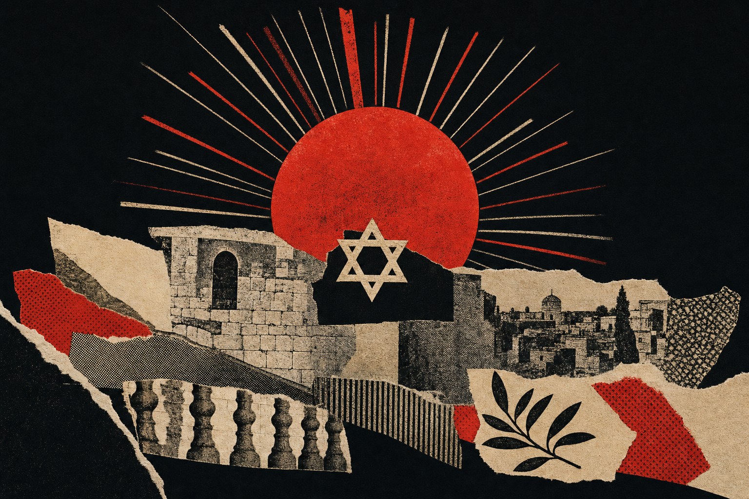 Star of David set against a red sun in an editorial paper collage