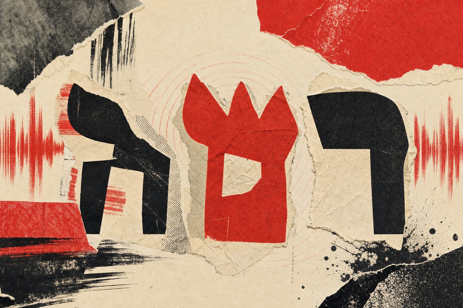 Abstract Hebrew letterforms and red sound waves in a print collage