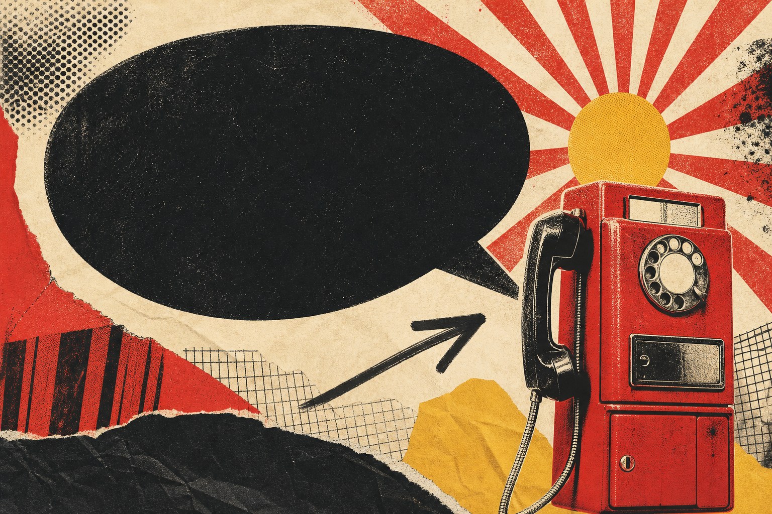 Red rotary telephone and large speech bubble in a bold editorial collage