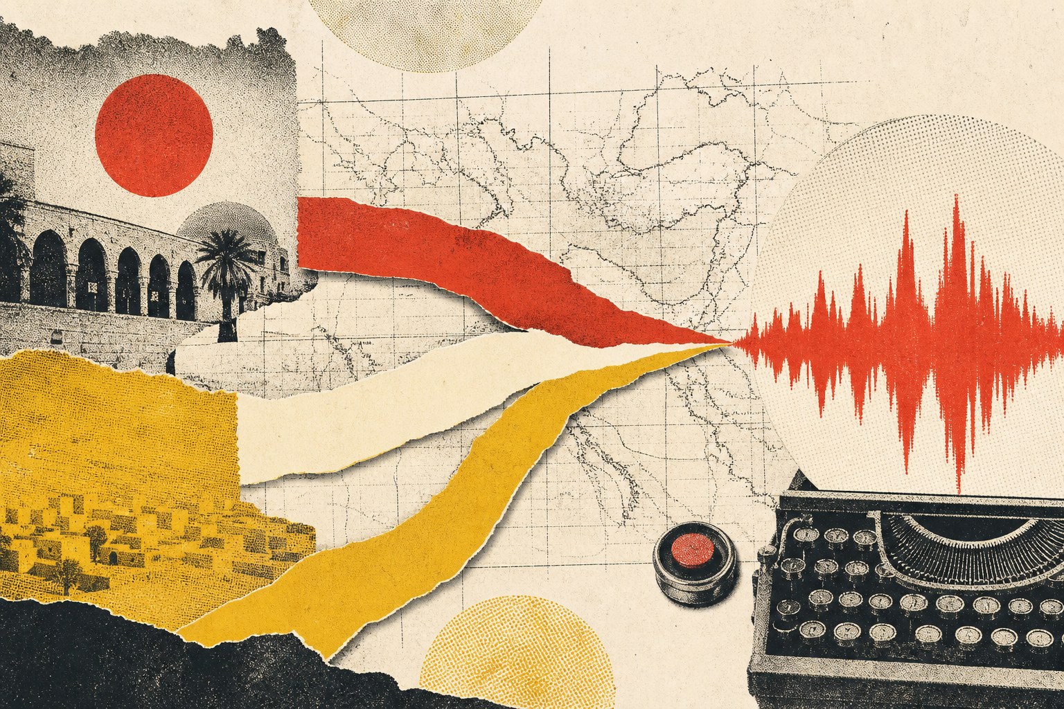 Vintage typewriter, map lines, and a red sound wave in an editorial collage
