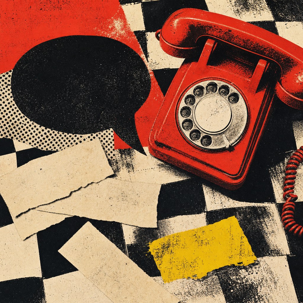 Red rotary phone and black speech bubble in a bold editorial collage