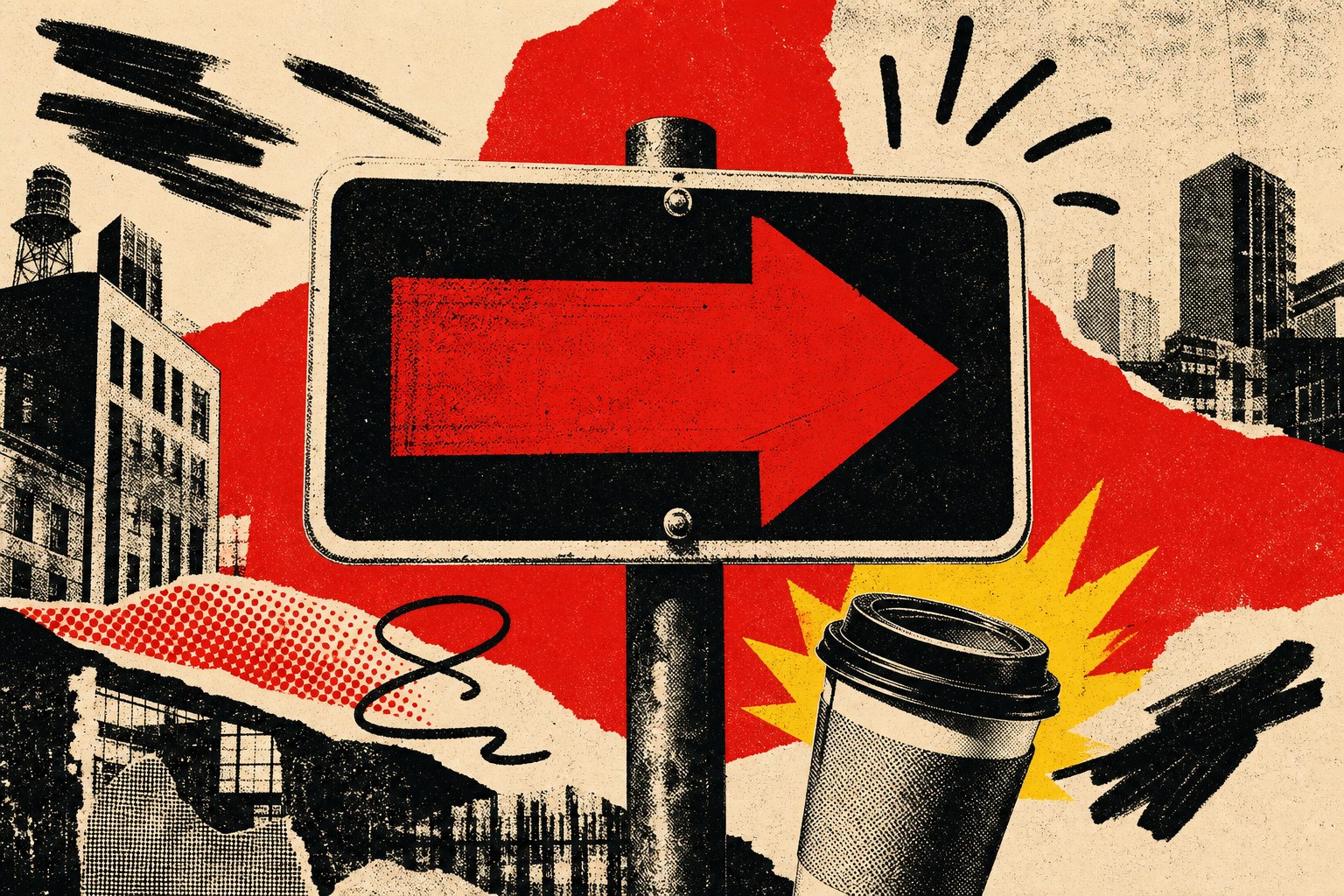 Red directional arrow and coffee cup in a protest-zine city collage