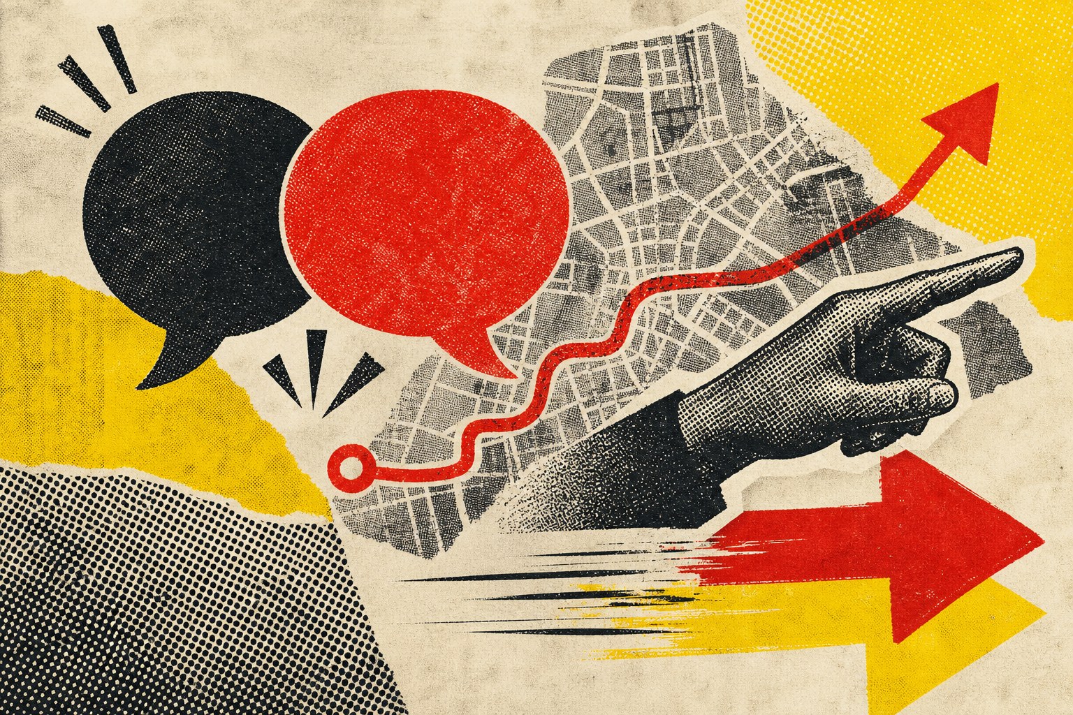 Abstract speech bubbles, a map, and arrows in a bold print collage