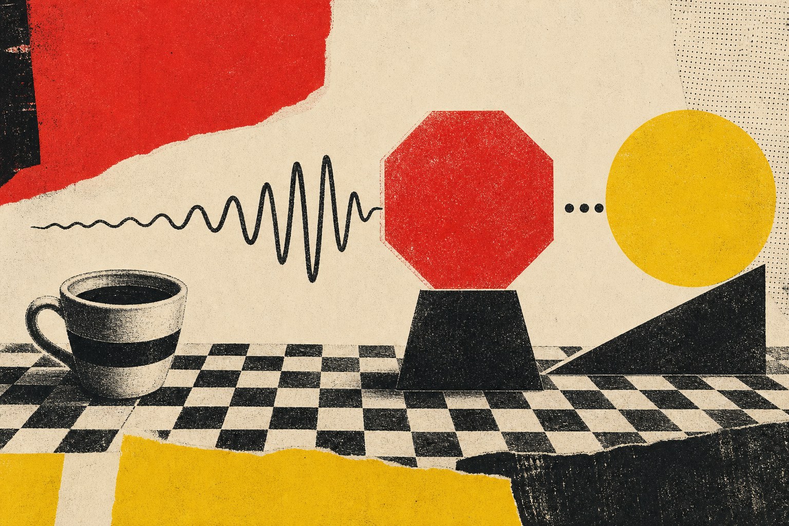 Coffee cup, sound wave, and geometric shapes in a risograph-style collage