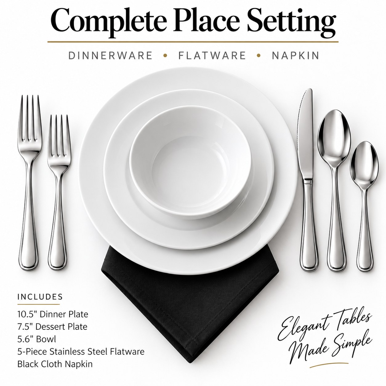 Complete Place Setting – Dinnerware, Flatware & Napkin