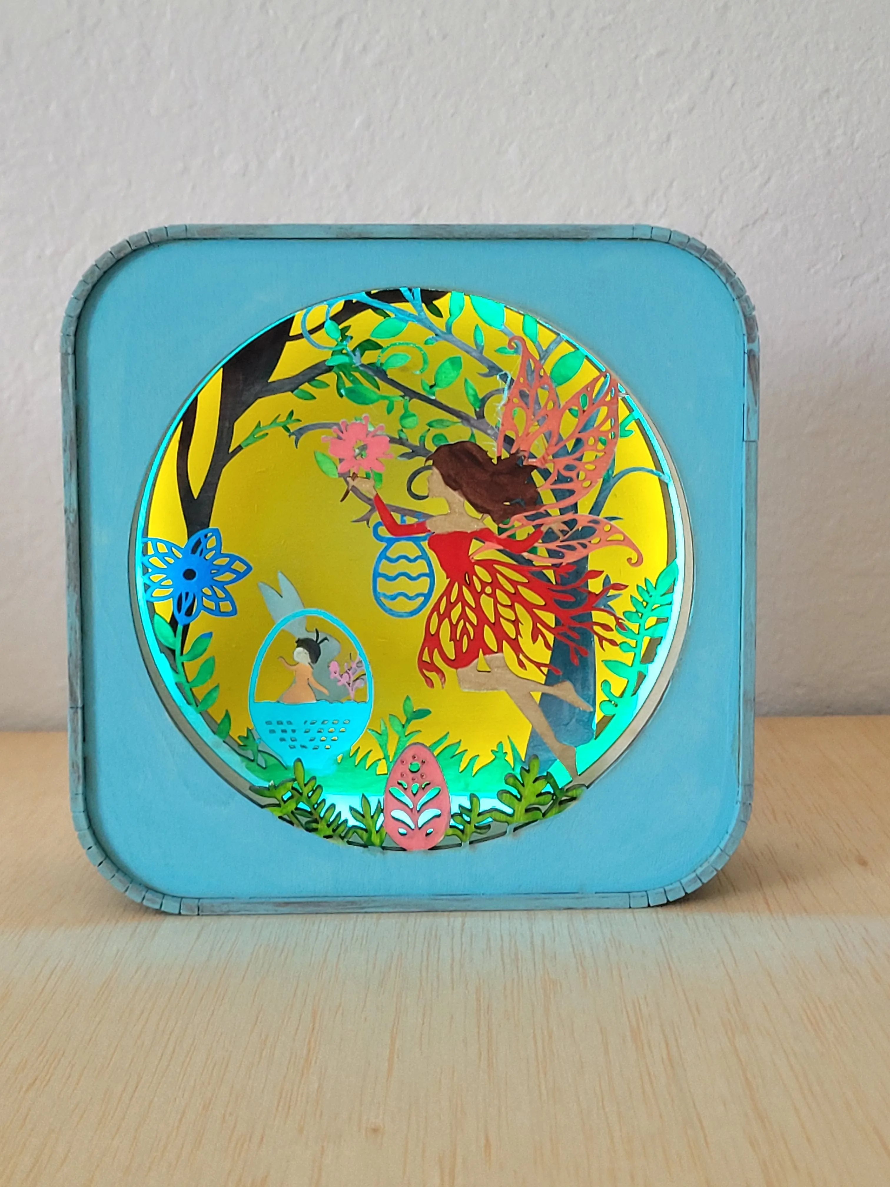 Handmade layered fairy shadow box with depth and a detailed woodland scene