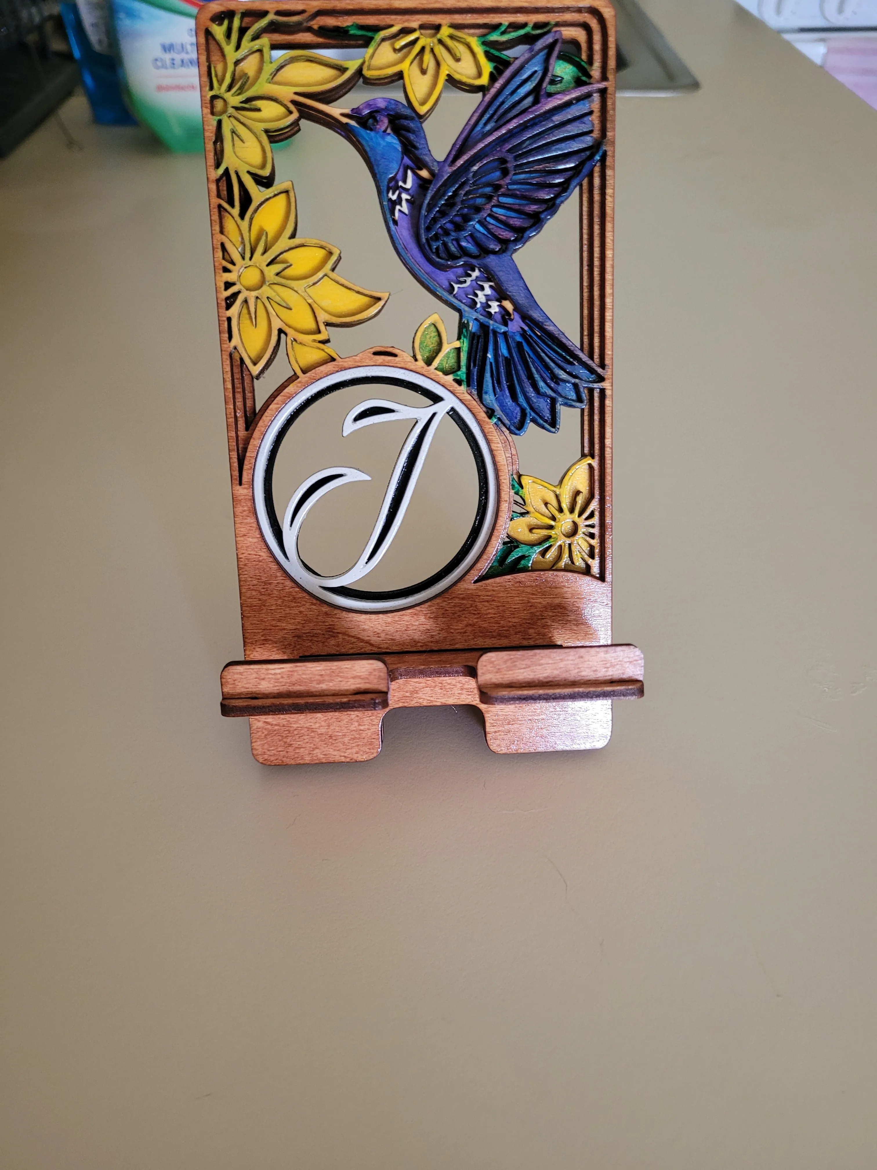 Hand-painted hummingbird wood phone holder