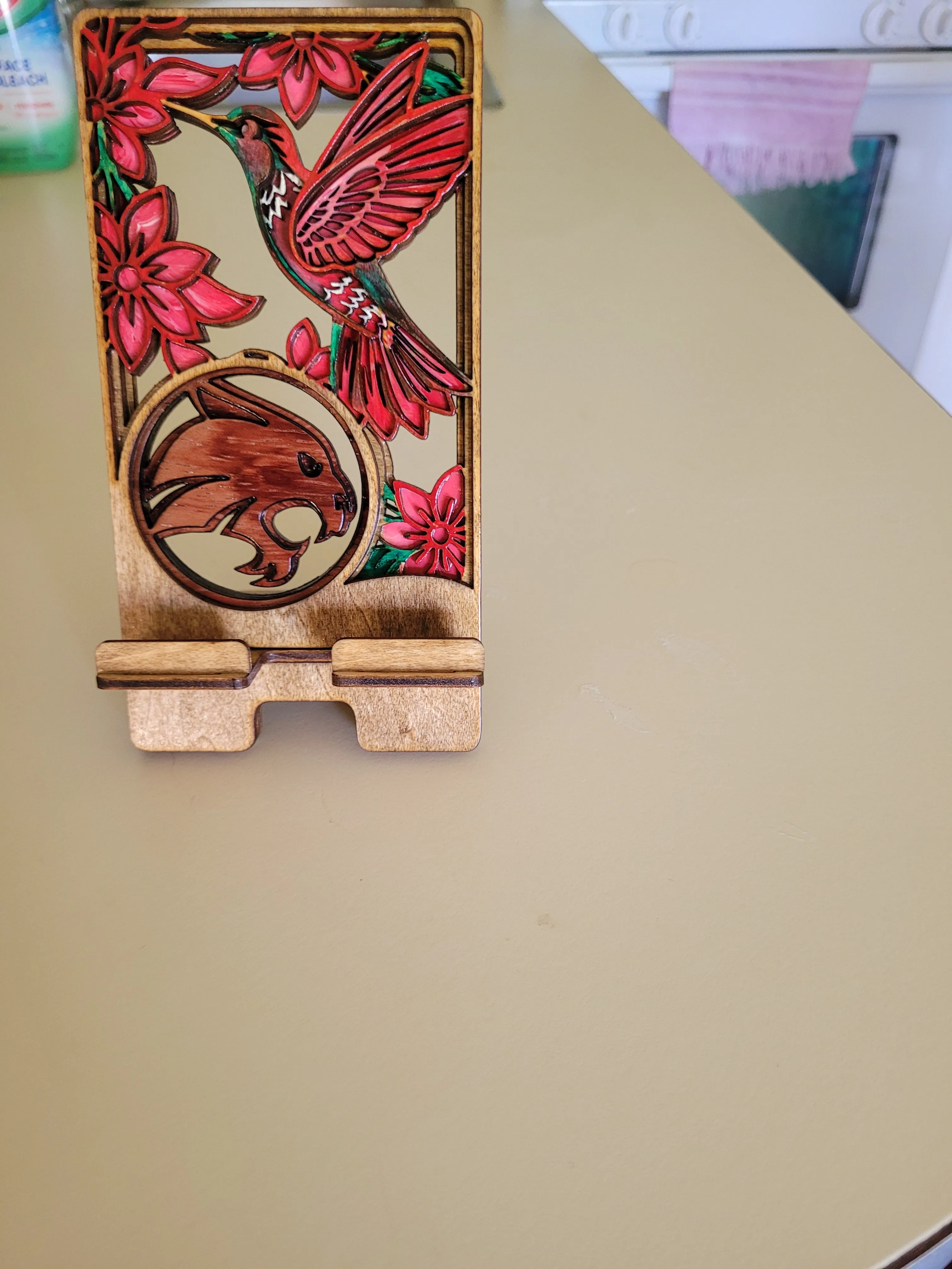 Hand-painted wood phone holder for a desk or bedside table