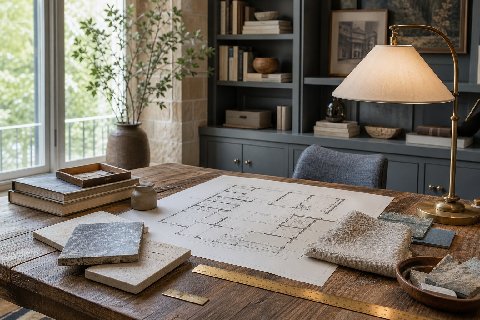 Residential design planning table with a floor plan, stone samples, fabric, and a brass lamp