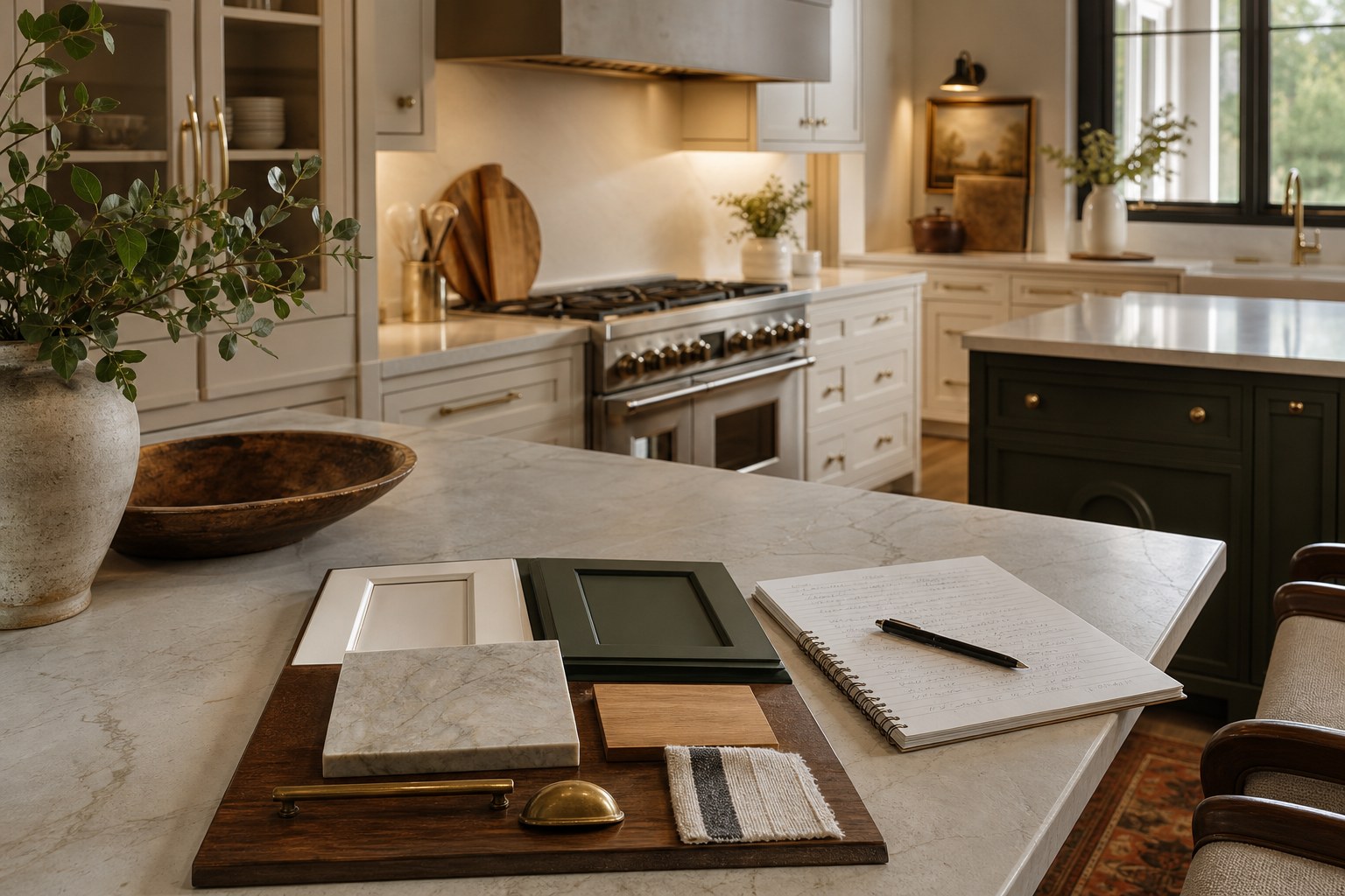Kitchen planning materials arranged on an island in a warm residential kitchen