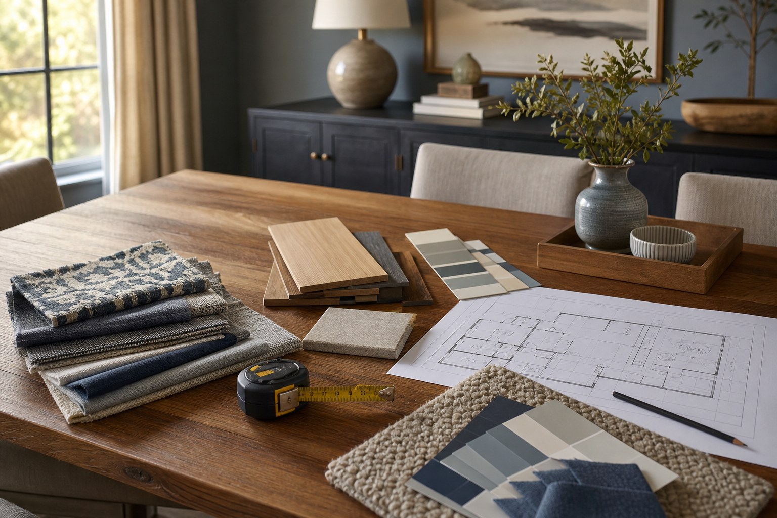 Fabric, wood, paint, and floor-plan samples gathered on a dining table