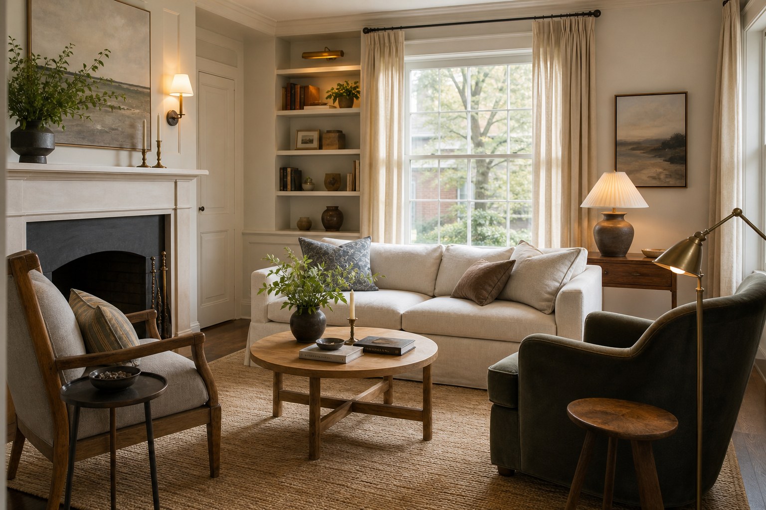 Warm, tailored living room with layered seating, art, and natural light