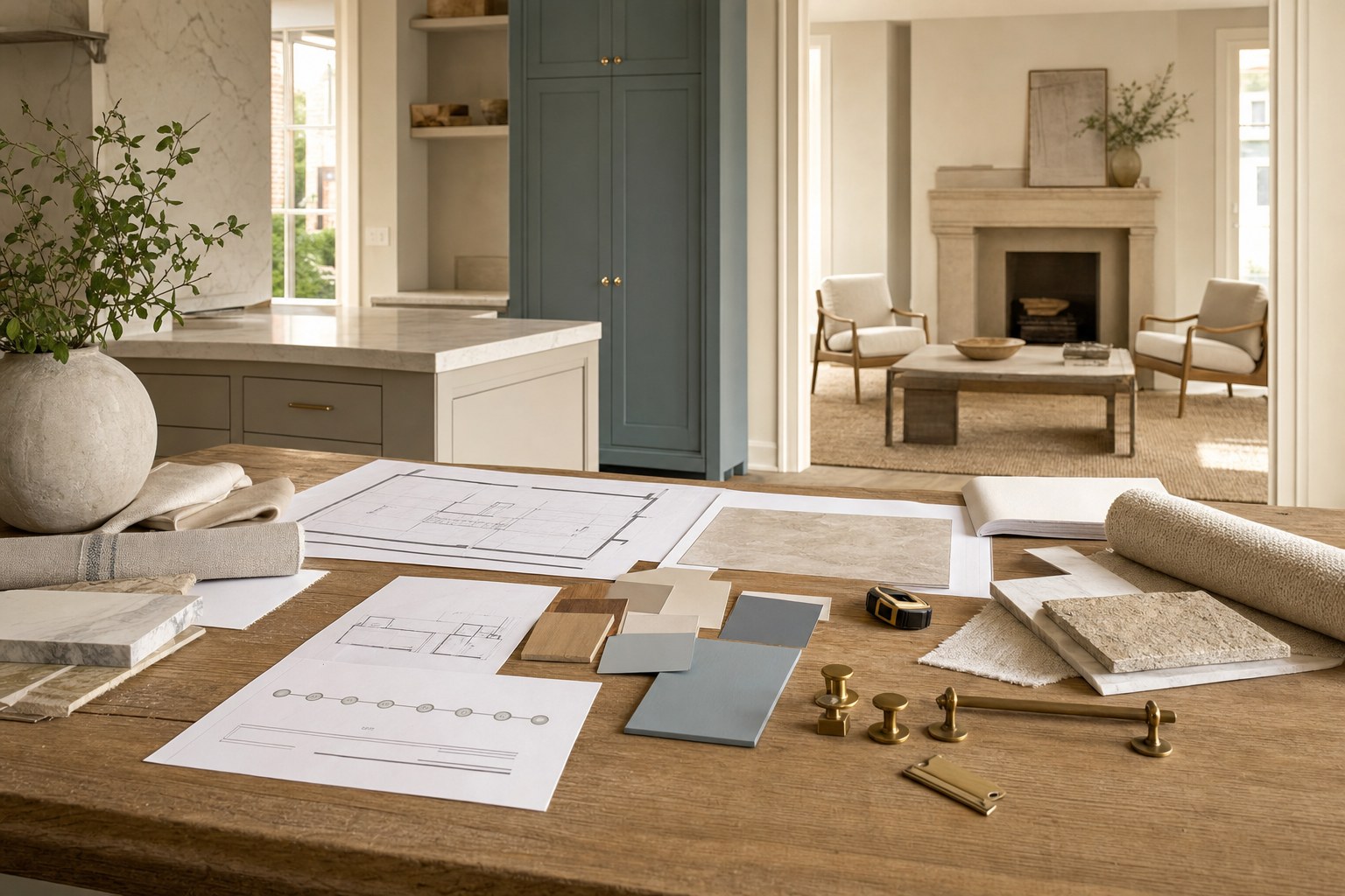 Renovation plans, material samples, and hardware arranged in a warm residential interior