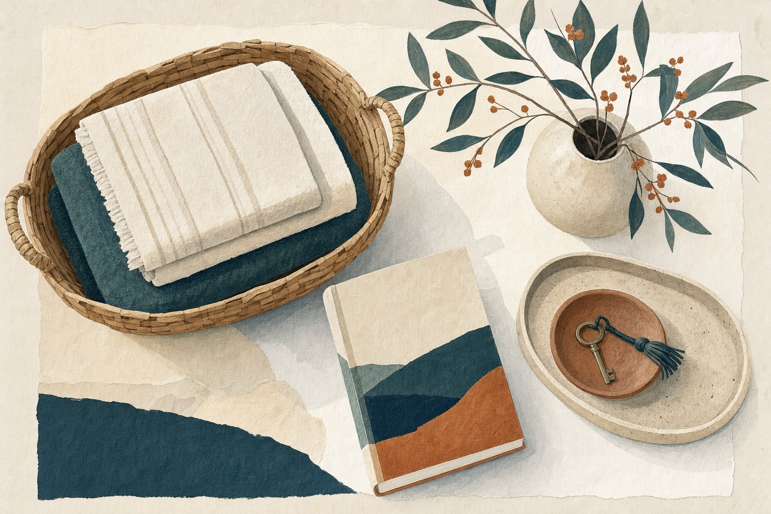 Illustrated guest arrival details with towels, a key, tray, and vase