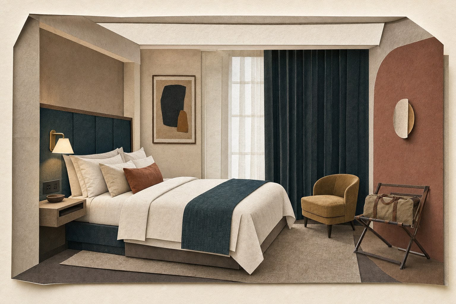 Illustrated guest bedroom with layered bedding, lighting, curtains, and a luggage rack
