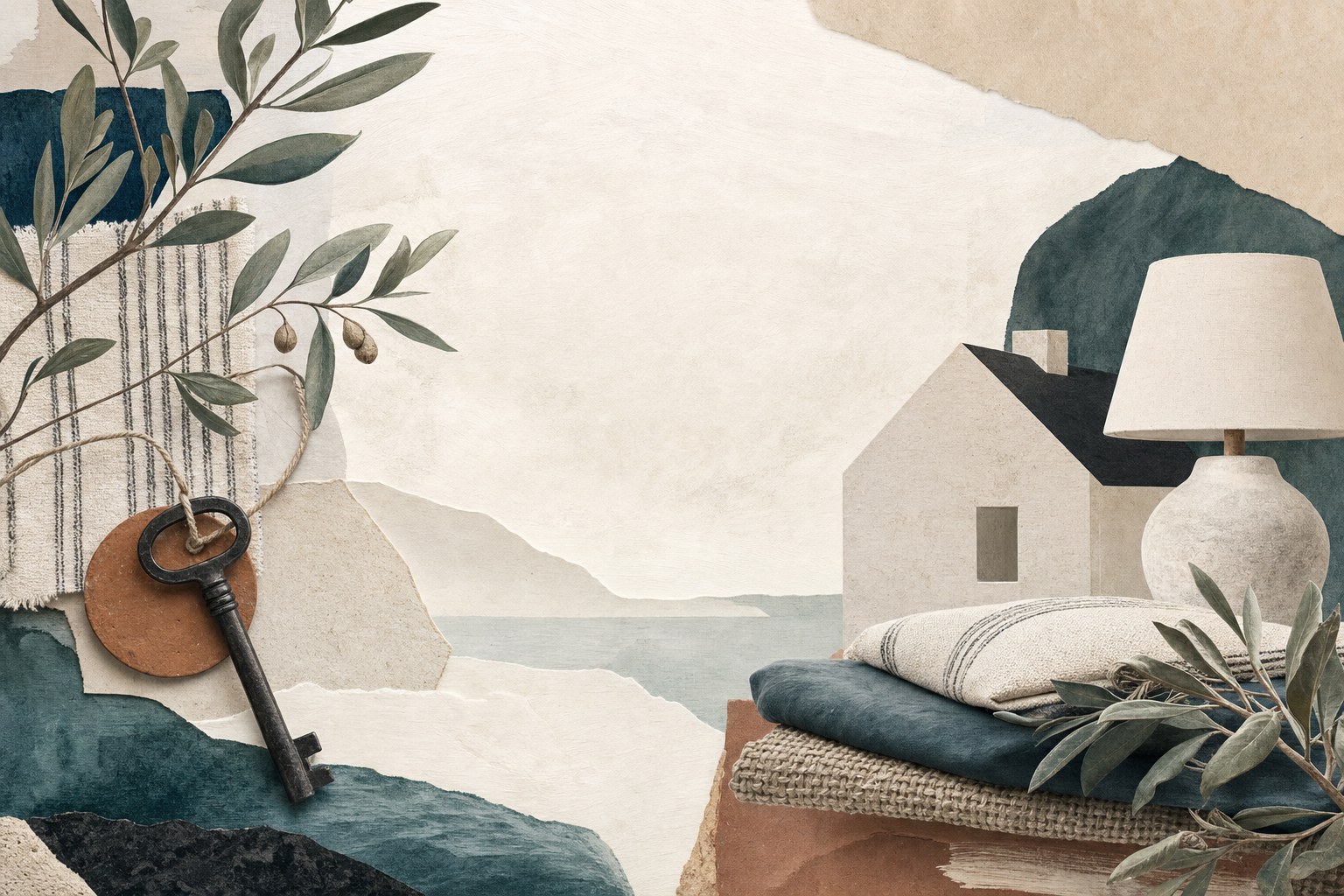 Illustrated vacation-home details with a key, lamp, textiles, and greenery