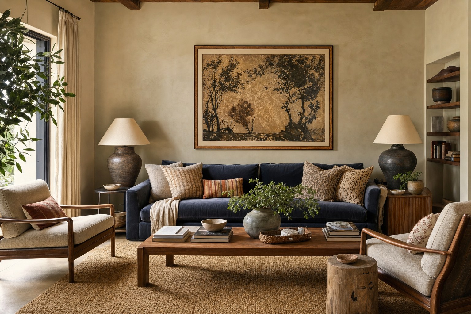 Warm vacation rental living room with layered seating, lamps, art, and textured details