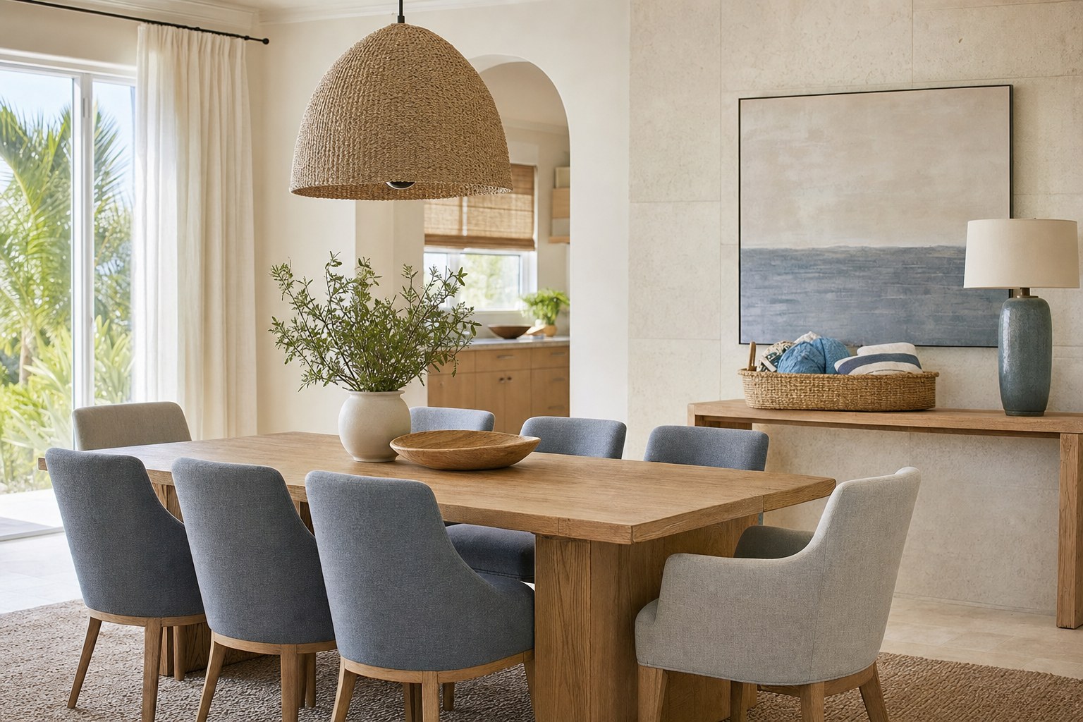 Vacation rental dining area with a wood table, comfortable seating, and a sculptural pendant
