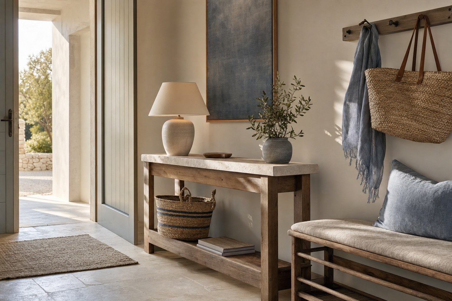 Vacation rental entry with a console, bench, wall hooks, and a basket for arrival essentials